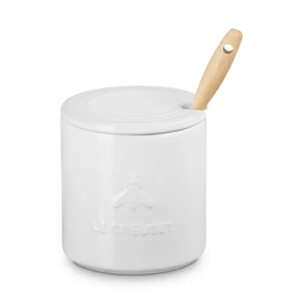 NEW in Box Le Creuset White Stoneware Honey Jar with Wooden Honey Spoon